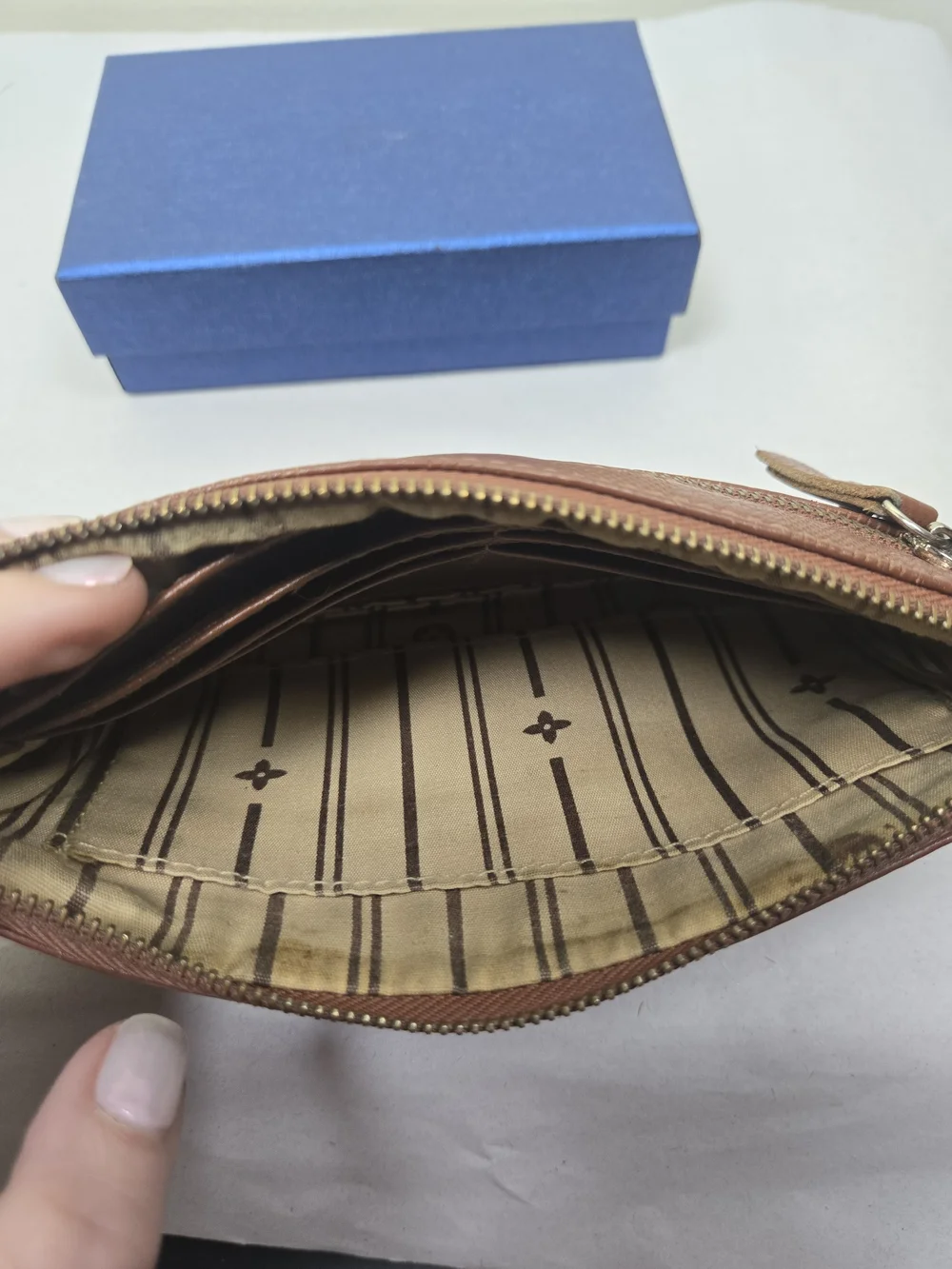 Vintage Louis Vuitton Brown Leather Zip Pouch with Chain Charm - Needs TLC